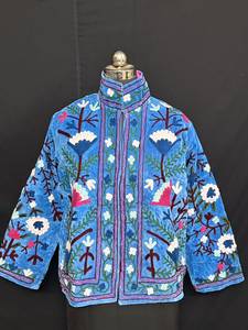 Stunning Blue Velvet Floral Suzani Embroidered Jacket Royal Boho High Neck <b>Coat</b> Handmade Designer Winter Wear For Women - Product Image 1