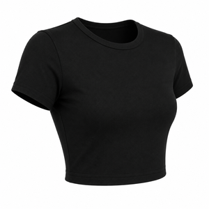 เสื้อครอปท็อปผู้หญิงสีดำ แขนสั้น คอกลม ทรงเข้ารูป สไตล์ลำลอง ผ้าเจอร์ซีย์ถัก ทอสีพื้น สีเดียว เป็นมิตรกับสิ่งแวดล้อม พร้อมโลโก้ 100% - Product Image 5