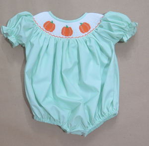 Pumpkin hand Smocked Top & Bloomer Shorts Set, <b>Mint</b> Green Fall 2-Piece Toddler Girl Outfit - Product Image 4