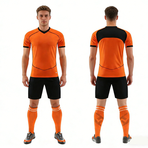 Maillot de football personnalisé par sublimation, col en V, manches courtes, orange et noir, anti-transpiration, pour homme adulte, kit d'équipe - Product Image 1