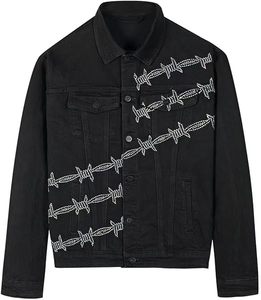 Veste en jean noire pour homme avec broderie fil barbelé, col rabattu, manches classiques, style streetwear, pour l'automne, avec strass, modèle pull-over - Product Image 5