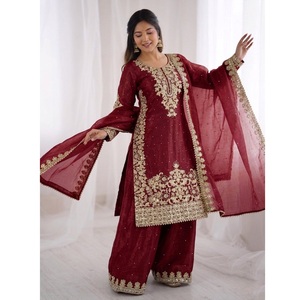 Nouvel ensemble haut en soie, pantalon palazzo et dupatta, avec broderie lourde et travail de sequins, entièrement cousu, prêt-à-porter - Product Image 1