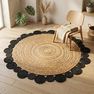 Sage Green <b>Round</b> Jute Rug with Decorative Floral Border for Coastal & Scandinavian Homes - Product Image 3