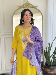 Latest Women's Mustard Color Vichitra Silk <b>Kurti</b> with Vichitra silk Pant Chinon With Digital Print Dupatta Sets - Product Image 3