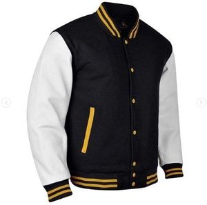 Nouvelle veste bomber universitaire en laine bleu roi et cuir noir, col montant, style universitaire, design streetwear, logo frontal - pour l'hiver - Product Image 5