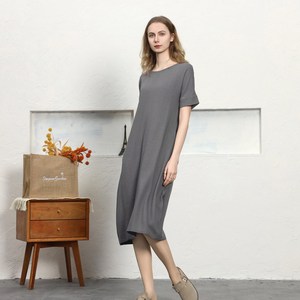 Bohemian Gray Plain Cotton Linen Maxi <b>Dress</b> With O-Neck <b>Loose</b> Fit Half Sleeve Summer Casual Midi <b>Dress</b> For Women - Product Image 3