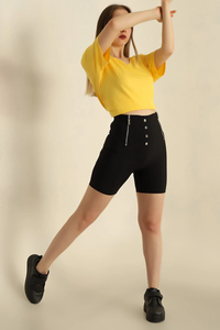 High <b>Waisted</b> Women's Biker Shorts - Slim Fit Stretchy Yoga Shorts <b>with</b> Decorative Zippers and Buttons - Product Image 3