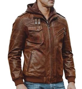 Arrival Unisex Design Color Block <b>Men</b> Genuine Leather Jacket Custom High Quality Vintage Style Hooded Woven Front Logo Wholesale - Product Image 1