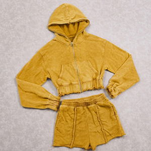 Ensemble court à capuche délavé à l'acide pour femme de haute qualité, logo personnalisé, streetwear premium, fabricant, vente en gros, prix abordable - Product Image 1