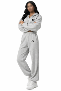 Conjunto de Sudadera con Capucha Corta para Mujer, Color Gris Sólido, Manga Larga, Cierre Frontal con Cremallera, Logotipo, Ropa Casual de Otoño, Sudaderas de Felpa - Product Image 6