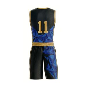 Navy Blue Yellow Gold Split Panel Design Contrast Color Basketball Kit Professional League Breathable Men Sports Set - Product Image 2