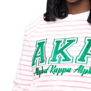 Sudadera Personalizada para Mujer, Blanca con Rayas Rosas, Bordada con la Letra AKA Alpha Kapa Alpha en Verde, Cuello Redondo, Manga Larga, Estilo Casual - Product Image 4