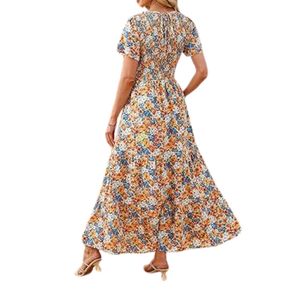 เดรสยาวทรงเอไลน์ลายดอกสีส้ม แขนสั้น สไตล์โบฮีเมียน สำหรับฤดูร้อน ลายพิมพ์เล็กๆ เสื้อผ้าแฟชั่นผู้หญิง ผลิตตามสั่งจากโรงงาน - Product Image 5