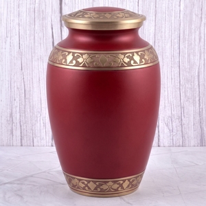 <b>Red</b> and Gold Floral Brass Adult Cremation Urn with matte surface for Human Ashes, Memorial Storage and Home Display - Product Image 1