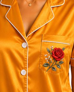Conjunto de Pijama de Satén Amarillo Dorado Personalizado por el Fabricante, Ropa de Dormir de Seda para Mujer, Bordado de Rosas, Conjunto de Ropa de Dormir Suave de Manga Corta - Product Image 3