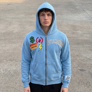 Sweat-shirt à capuche zippé unisexe surdimensionné en patchwork brodé, style streetwear, bleu, en tissu French Terry, pour l'automne - Product Image 1