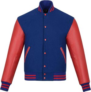 Veste de sport bleue pour homme avec manches en cuir PU rouge, col montant, vêtement décontracté pour l'automne - Product Image 1