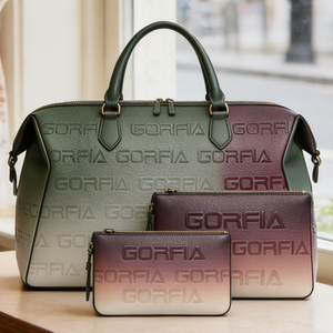 Bolso Boston de Mujer con Letras en Relieve y Degradado de Moda, Bolso de Mano de Cuero PU con Forro de Nailon, Cierre de Cremallera con Estuche/Cartera a Juego - Product Image 4