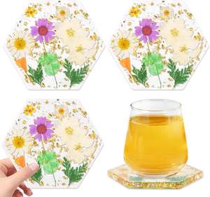 Posavasos hexagonales de resina - Posavasos de cristal con flor y lámina dorada para escritorio, flor blanca - Product Image 1