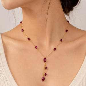 Custom Rhodium Plated <b>Necklace</b> Red <b>Ruby</b> Oval Gemstone Bead Station Y Lariat Tassel Drop Cable Chain Fine Women Luxury Gift - Product Image 1