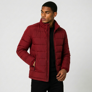 Men's <b>Red</b> Stand Collar Puffer <b>Jacket</b> Windproof Polyester Wadding Zipper Closure Casual Autumn Wear Regular Fit - Product Image 2