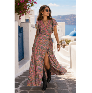 Women's Bohemian Casual V-neck Flare Sleeves Kimono <b>Dress</b> Floral Printed Beach Wear for Summer Open Front Soft Long Kimono Robes - Product Image 1