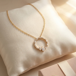 Handcrafted 14K 18K Yellow Gold Diamond Jewellery Circle Pendant Necklace Featuring Pear Cut and Baguette Cut Lab Grown Diamonds - Product Image 4