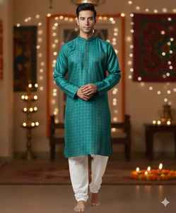 Tenue Traditionnelle Ethnique pour Hommes, Kurta Pyjama en Soie Jacquard avec Broderie Lourde, Coton Raymond, Coupe Ample, Infroissable, pour Mariage et Diwali - Product Image 3