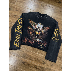 Sudadera Corta Vintage Lavada para Hombre con Estampado Gráfico de Calavera, Estilo Urbano, Cuello Redondo, Oversize, de Algodón, Manga Larga - Product Image 3