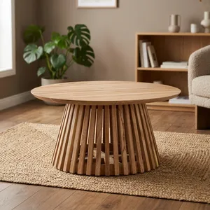 Table basse ronde moderne en bois massif à lattes, quatre places, pour salon, ferme, hôtel, intérieur de maison - Product Image 5