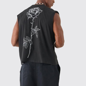 Camiseta sin mangas para hombre, cuello redondo, color negro, tejido informal de color sólido, 100% algodón - Product Image 2