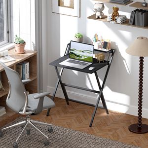 27.6\" Black <b>Folding</b> Computer <b>Desk</b> with Monitor Shelf for <b>Small</b> Spaces Easy Assembly for Home Office or Study - Product Image 2