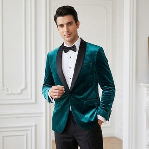Blazer de terciopelo azul petrol para hombre, estilo pavo real, con cuello chal de satén negro, un botón, ideal para eventos nocturnos. - Product Image 6