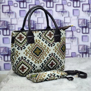 Bolso de Mano de Diseño Exclusivo Bohemio con Jacquard de Diamantes Multicolor – Set de 2 Piezas (Bolso Tote y Bandolera) a Excelente Precio - Product Image 1
