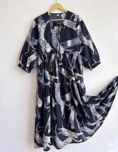 Vestido Midi Informal para Mujer, 100% Algodón, Estampado Geométrico, Manga Abullonada, Cuello Redondo, Corte Holgado, Cintura Elástica, para Todas las Temporadas - Product Image 2