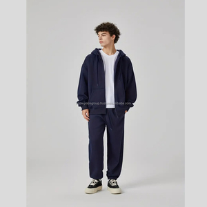 Sudadera con capucha de rizo de algodón con cremallera completa OEM para hombre, Sudadera con capucha informal de talla grande para exteriores, Sudadera con capucha lisa con logotipo personalizado, chándal - Product Image 1