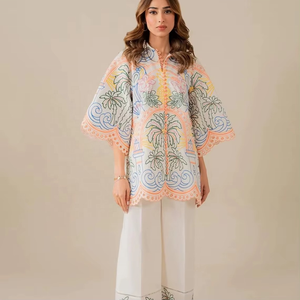 ชุดเซ็ต 2 ชิ้น เสื้อครอปแขนกุดผ้าชีฟองปักลายสไตล์ลำลองสำหรับผู้หญิง ผ้าฝ้าย 100% คอทรงโอ ลายเรียบ ทรงปกติ - Product Image 1