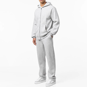 Survêtement d'hiver uni à coupe décontractée |   Sweat à capuche entièrement zippé en coton doublé polaire 400g avec ourlets ouverts et pantalon de jogging - Product Image 1