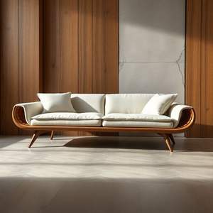 Sofá de Madera de Teca Sólida Hecho a Mano con Silueta de Brazos Curvos Fluidos y Cojines Neutros de Lujo - Product Image 1