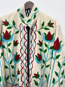 <b>Women</b>’s Boho Suzani Embroidered Cotton Jacket Colorful Floral Embroidery Stand Collar Long Full Sleeves Winter Open Front <b>Coat</b> - Product Image 3
