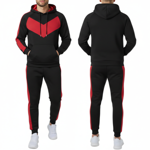 Ensemble de survêtement premium pour homme noir et rouge - Sweat à capuche Chevron V-Shape Color Block avec pantalon assorti - Product Image 3