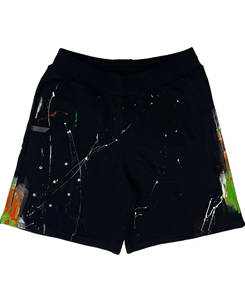 Premium Quality Men's Black Hand-Painted Short Shorts With Abstract Art <b>Elastic</b> Waist Casual Style Knitted Fabric - Product Image 2
