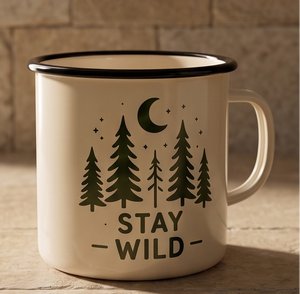 Off White Cream Iron Enamel Mug Designed for Forest Explorers and Adventure Brand Retailers Featuring Dark Green Pine Trees - Product Image 5