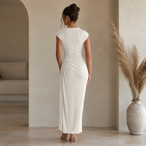 Elegant Women's <b>White</b> Draped <b>Maxi</b> Dress High Neck | Ruched Waist Party Evening Gown Soft Stretch Minimal Chic Formal Cocktail - Product Image 4
