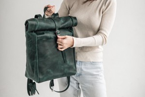 Retro Genuine <b>Leather</b> Roll Top <b>Backpack</b> Heavy Duty Cowhide <b>Leather</b> Laptop Rucksack For Men Fashion Travel Bag LRTB-0107D - Product Image 5