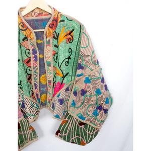 Vintage Bohemian Style Women's <b>Kantha</b> Quilted <b>Jackets</b> Jaipur Embroidery Button Handwoven Printed Cotton Autumn/Winter - Product Image 3