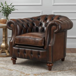 Fauteuil classique en cuir marron avec accents en bois, chaise de style mid-century pour la décoration du salon - Product Image 1