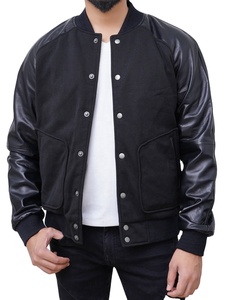 Blousons universitaires pour hommes 2026 en gros – Blousons Letterman personnalisés en mélange de laine noir avec manches en cuir - Product Image 6