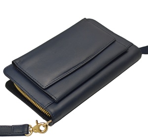 Women's Long Genuine Leather Wallet With <b>RFID</b> Zipper Closure Blue Minimalist Style Daily Use <b>Purse</b> With Wrist Strap - Product Image 2