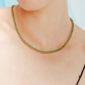 18K Gold Round Cut Emerald Tennis <b>Necklace</b>-Fine <b>Beaded</b> <b>Necklace</b> - Product Image 1